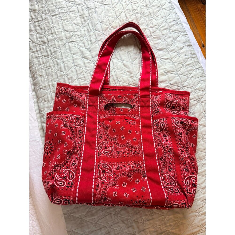 Red Bandana Paisley Utility Tote Bag Large Canvas Shopper
